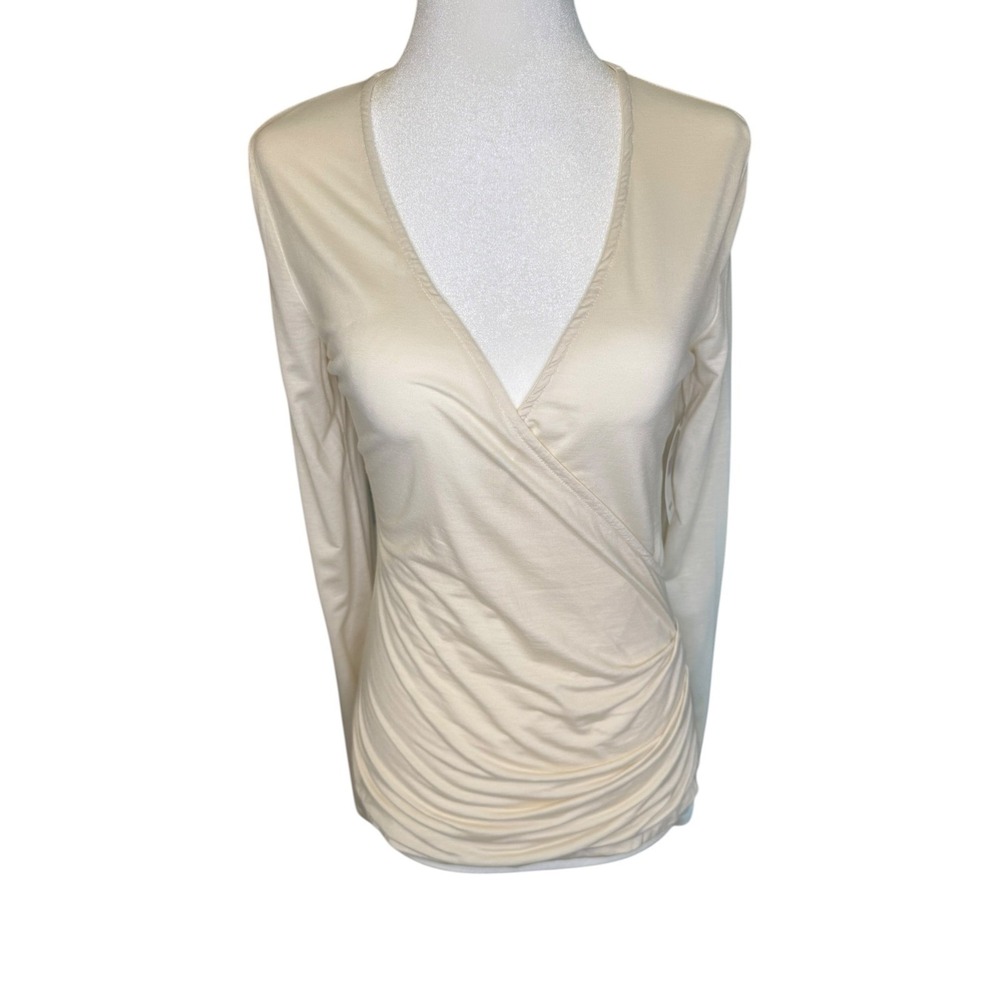 AG Adriano Goldschmied Womens Cream Ruched Faux Wrap Long Sleeve Top Size Small